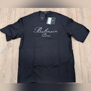 $1400 Mens BALMAIN Embroidered Crystal Logo Cotton Crewneck T-Shirt Black Medium